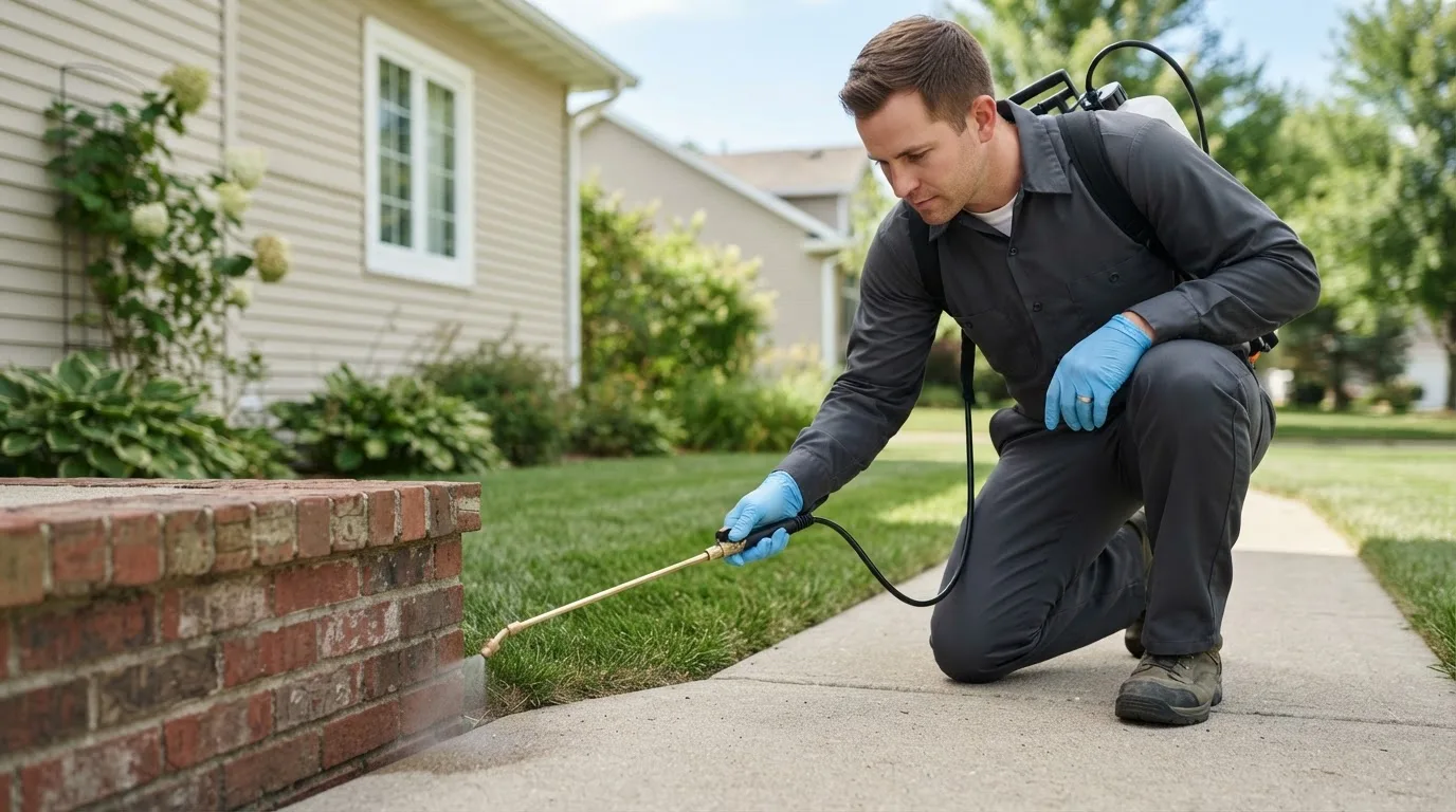Pest control technician treating a home near Sanger, CA